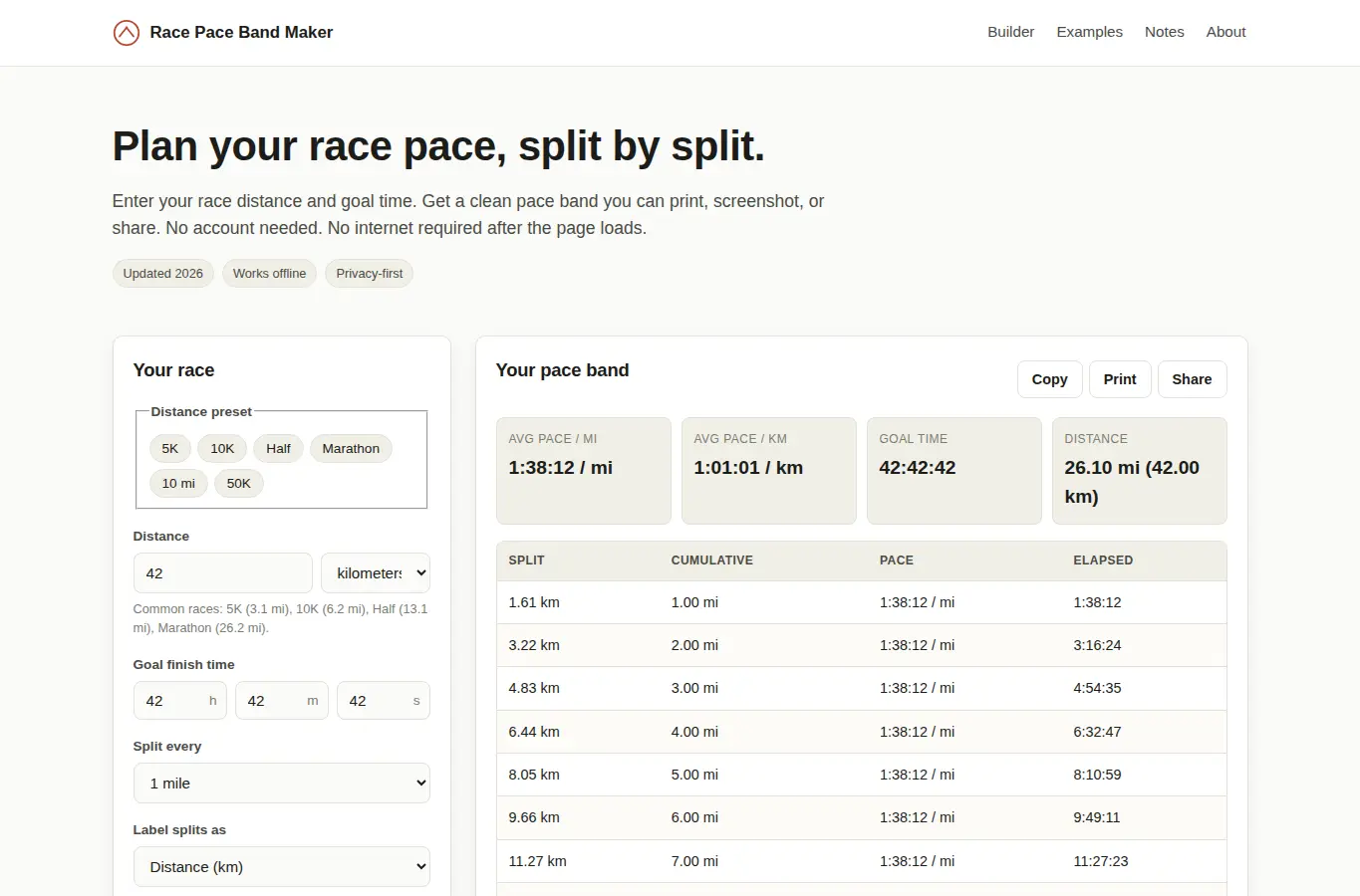 Screenshot of Race Pace Band Maker interface showing the project page in use